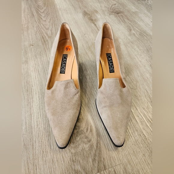 Casadei Shoes - Vintage Casadei Beige Taupe Suede Leather Pointed Toe Heeled Loafers 8.5 AA